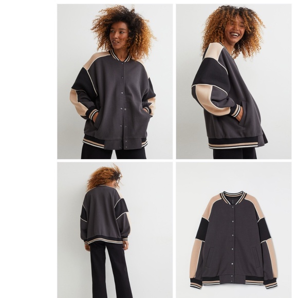 H&M Women Grey Beige Colourblocked Baseball Jacket - Picture 1 of 3